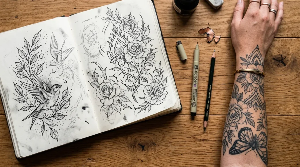 Overhead view of open sketchbook with Medusa tattoo designs beside tattooed woman's forearm on wooden surface