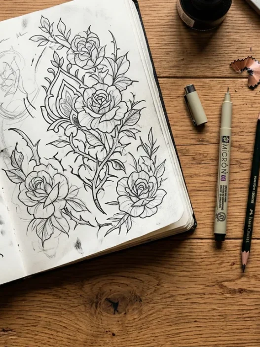 Overhead view of open sketchbook with Medusa tattoo designs beside tattooed woman's forearm on wooden surface