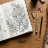 Overhead view of open sketchbook with Medusa tattoo designs beside tattooed woman's forearm on wooden surface