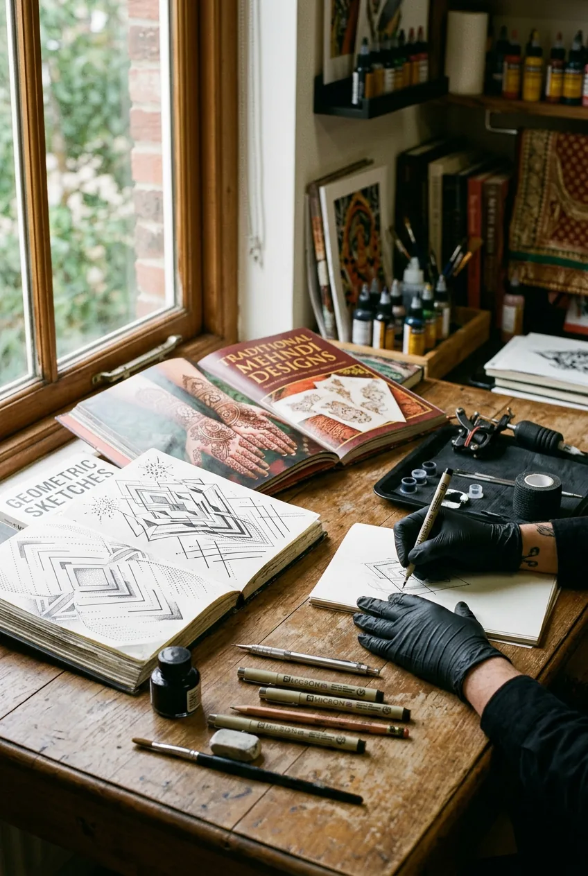 Tattoo artist workspace with traditional mehndi pattern books and modern geometric sketches spread on desk