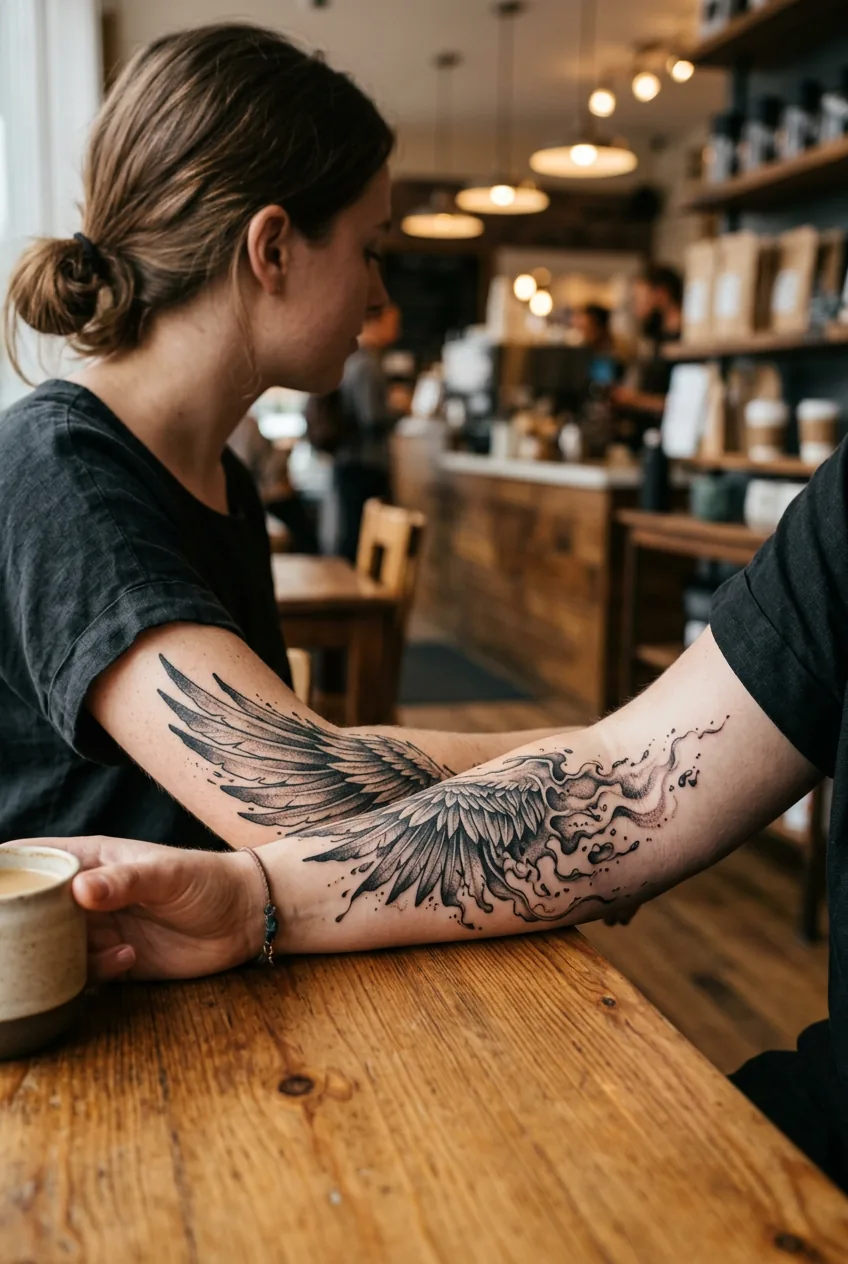 Close-up of detailed Icarus wing tattoo with melting feather effects on woman's forearm