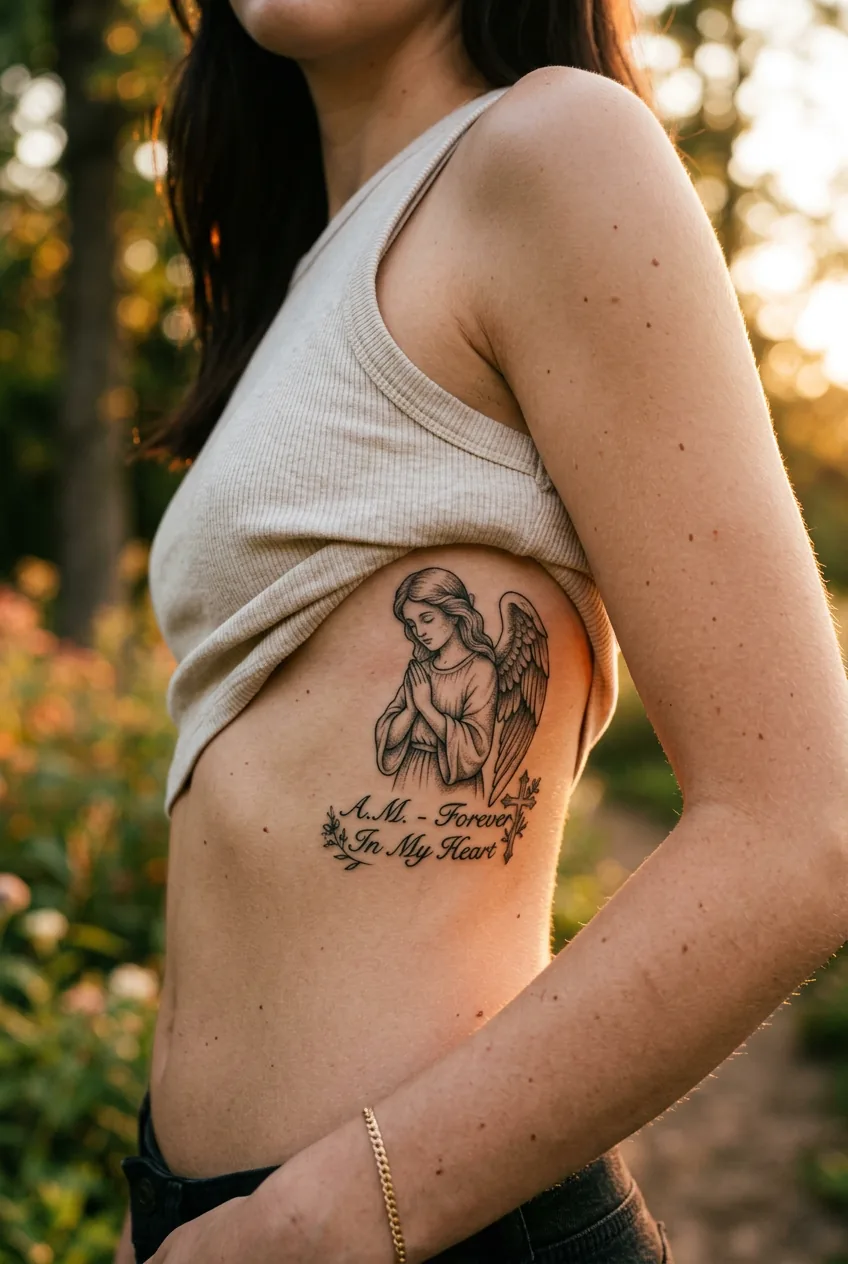 Woman with memorial angel tattoo in prayer position along ribcage in soft outdoor light