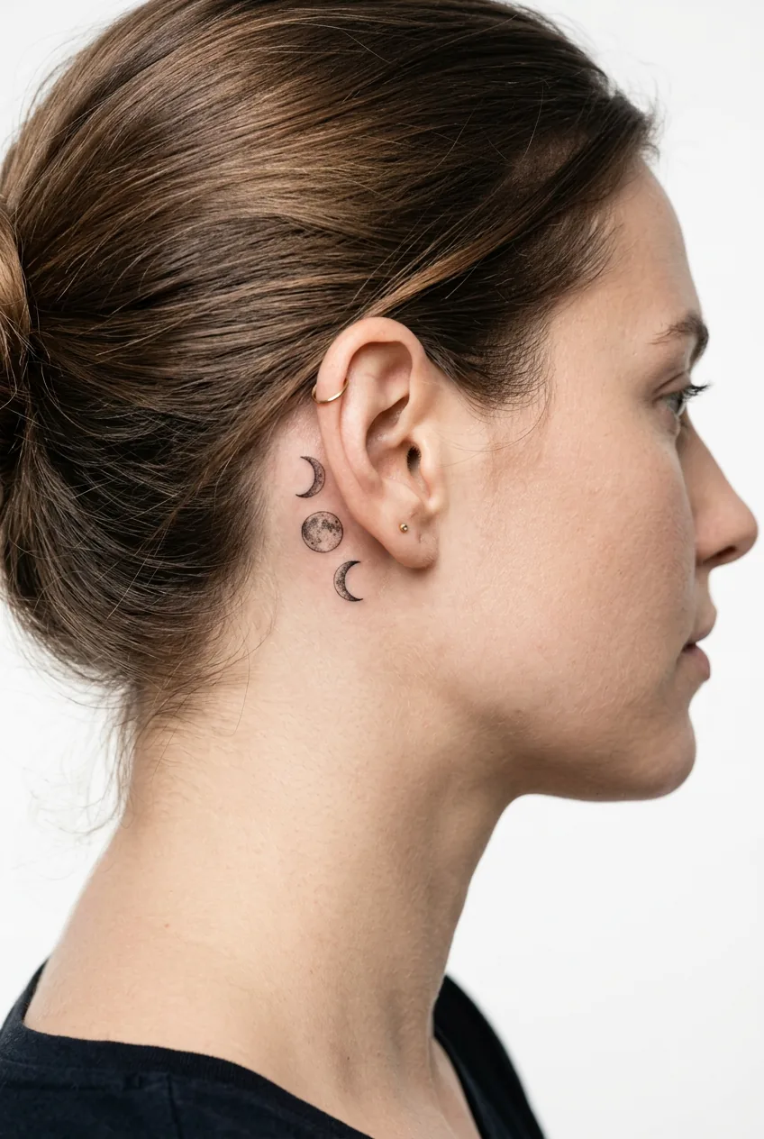 Close-up of three small moon phase circle tattoos positioned behind woman's ear
