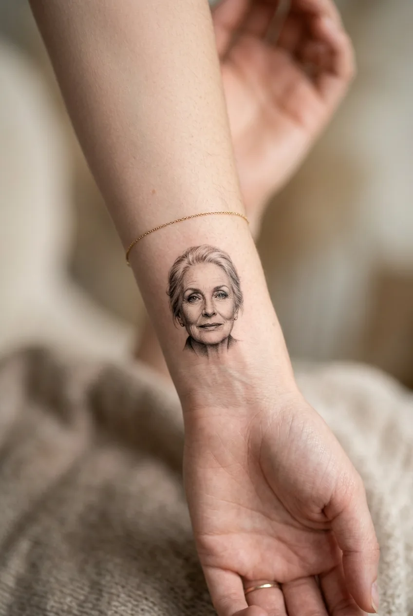 Tiny micro-realism portrait tattoo on woman's inner wrist displaying photographic precision in miniature scale