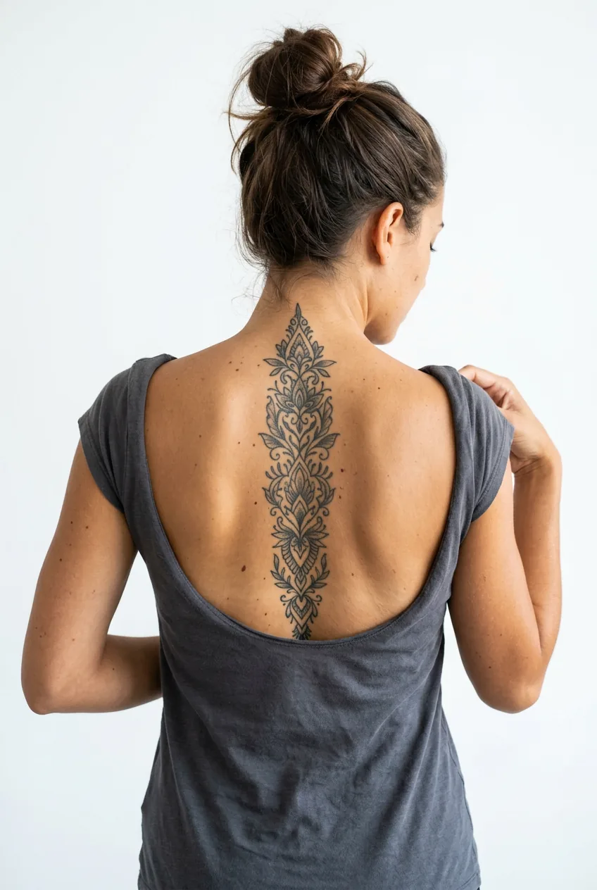Woman demonstrating mid-back area between shoulder blades for spine tattoo aging considerations