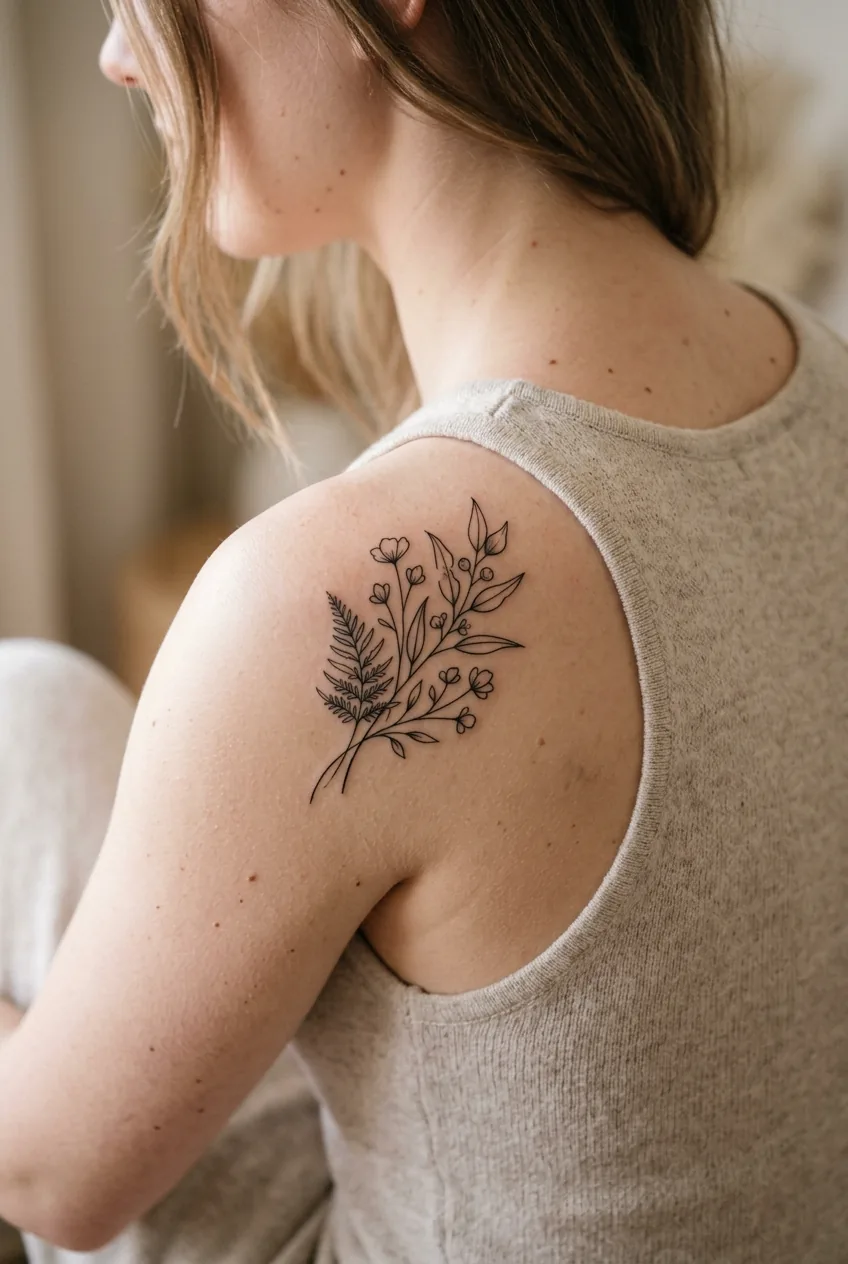 Minimalist botanical tattoo on woman's shoulder demonstrating fine line technique and strategic negative space usage