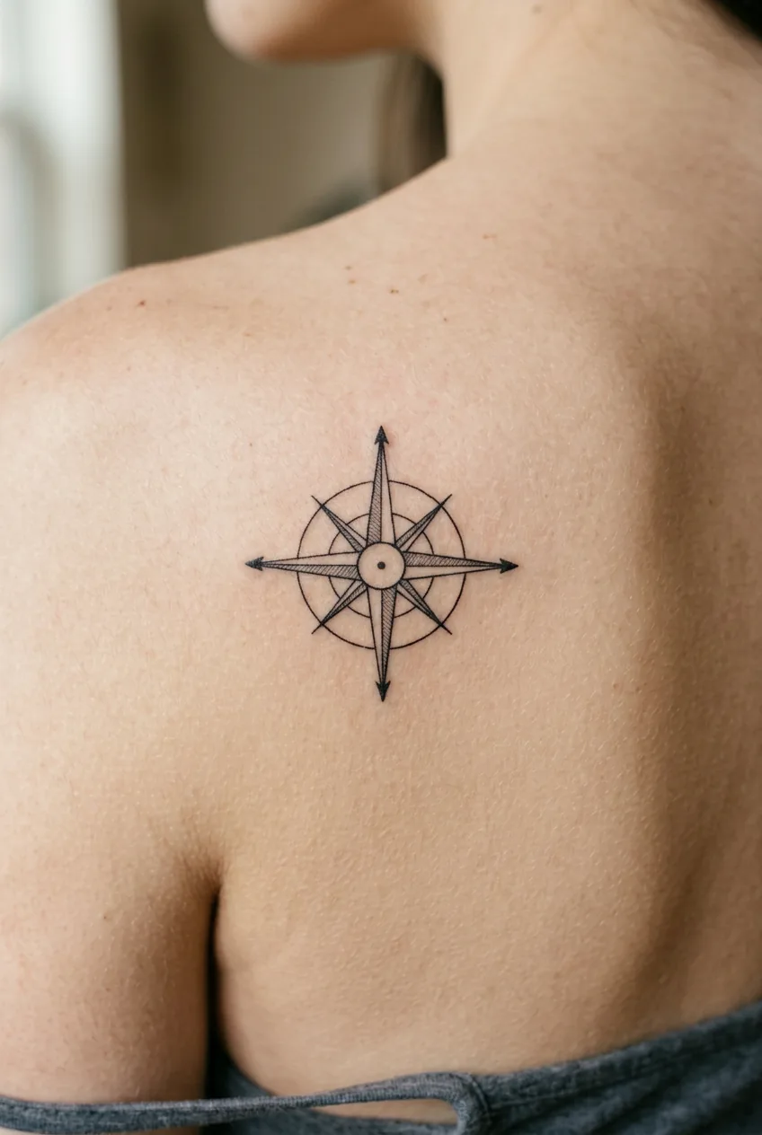 Close-up of minimalist compass rose tattoo on woman's shoulder blade with precise geometric details