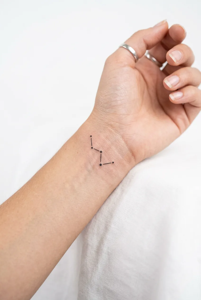Delicate constellation tattoo with tiny connected dots on woman's inner wrist
