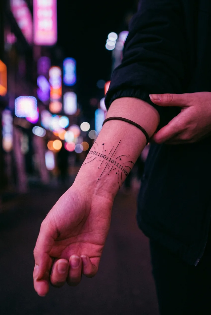 Delicate fine line data stream tattoo on wrist showing minimalist digital flow patterns