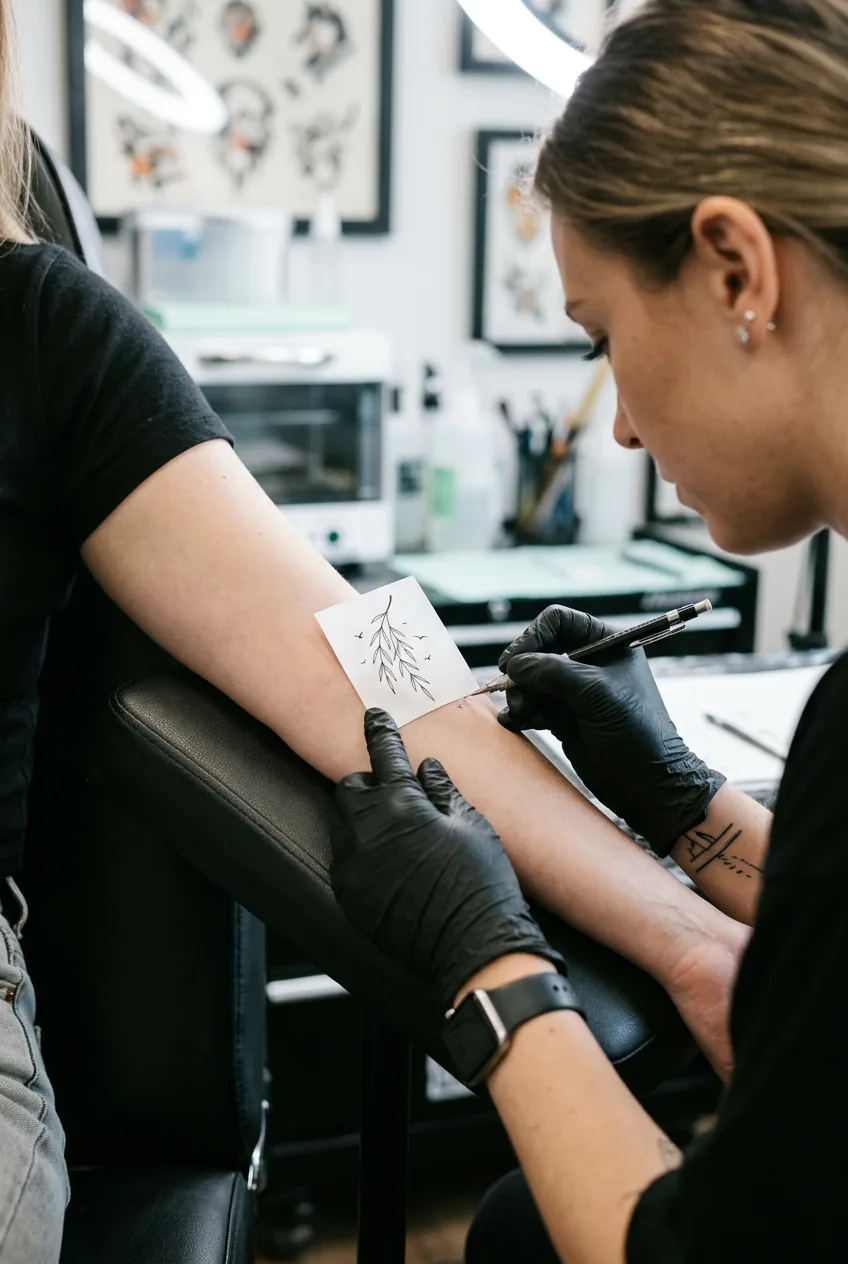 Hands checking minimalist design reference size against woman's inner forearm in consultation setting