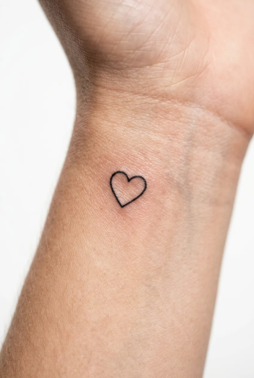Minimalist heart design tattoo on inner wrist area showing simple black line work