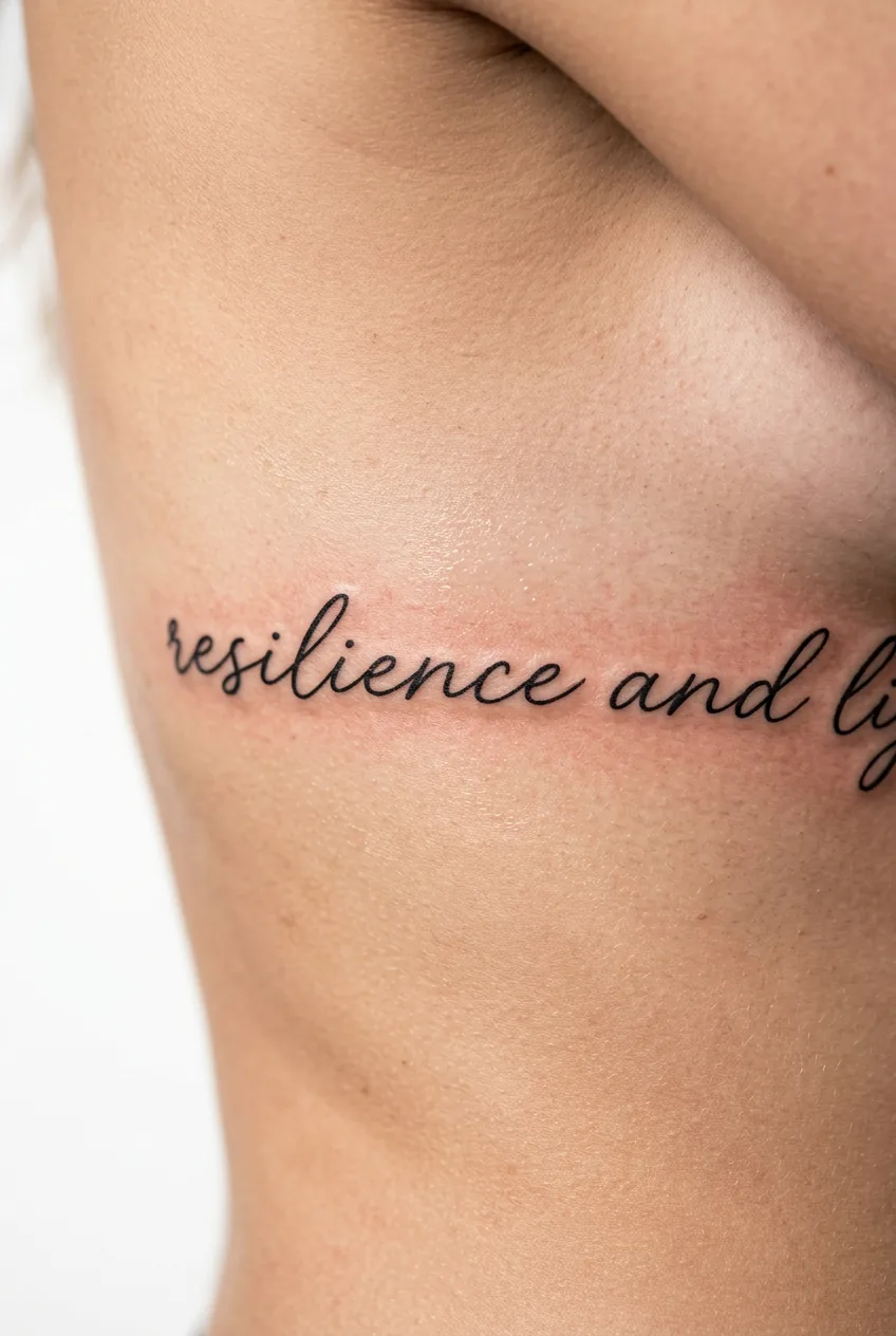 Minimalist script tattoo along ribcage showing clean sans-serif typography in black ink