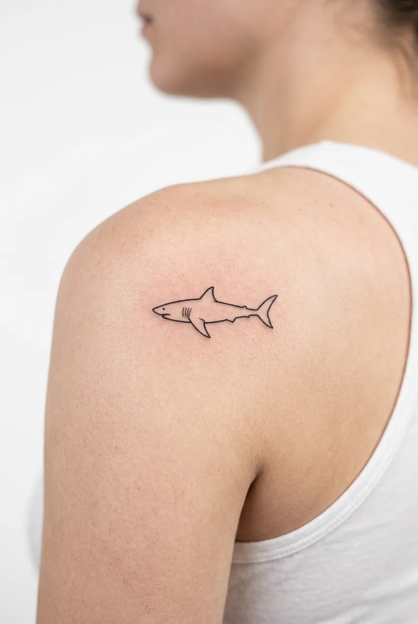 Fresh minimalist black outline shark silhouette tattoo on woman's shoulder blade