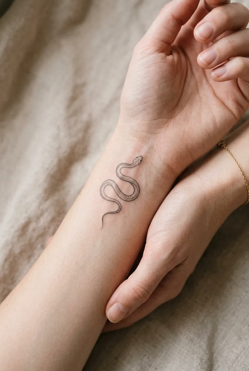 Delicate fine-line snake tattoo on woman's inner wrist with minimalist curved design and precise linework