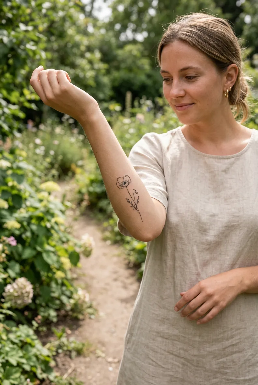 Woman displaying minimalist single stem flower tattoo with delicate line work and simple elegance