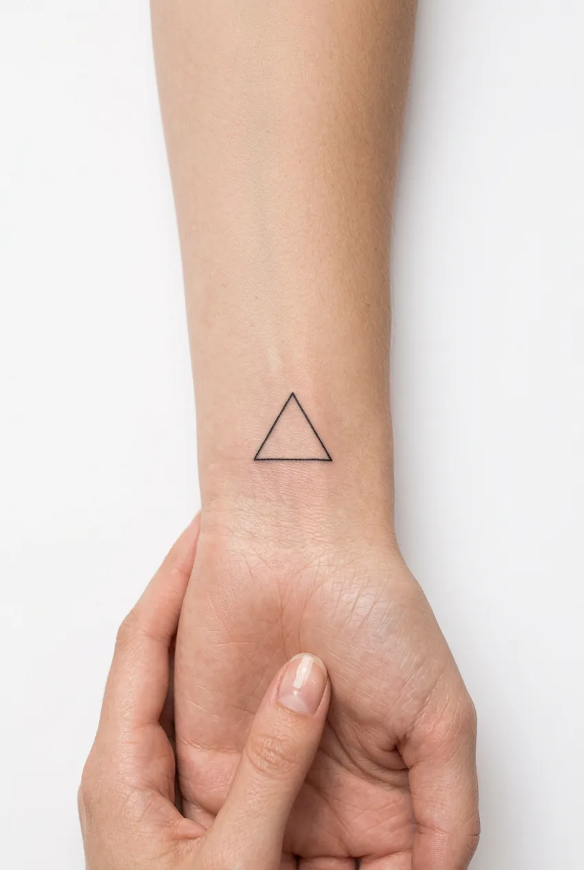 Minimalist triangle outline tattoo positioned on woman's inner wrist area
