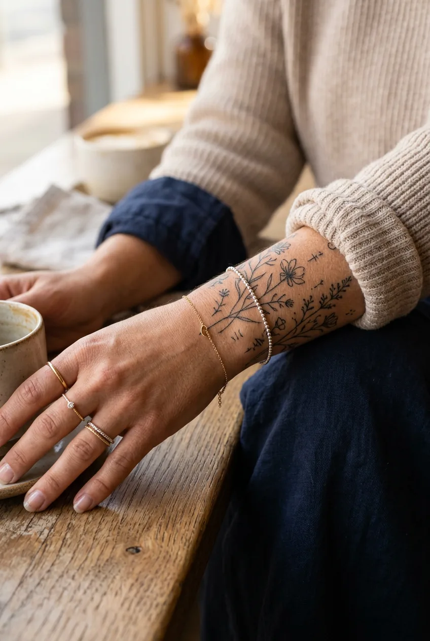Detail shot of tattooed wrist showing how minimalist line work interacts with clothing and jewelry in natural light