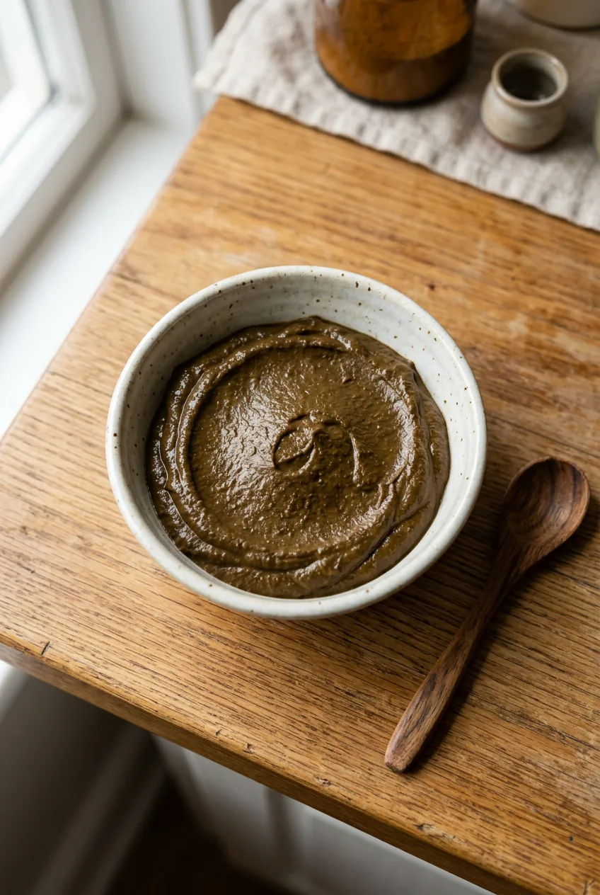 Mixed henna paste in white ceramic bowl showing thick yogurt-like consistency with wooden spoon