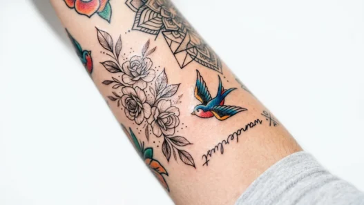 Collection of various tattoo styles including minimalist, boho, and bold designs displayed on skin