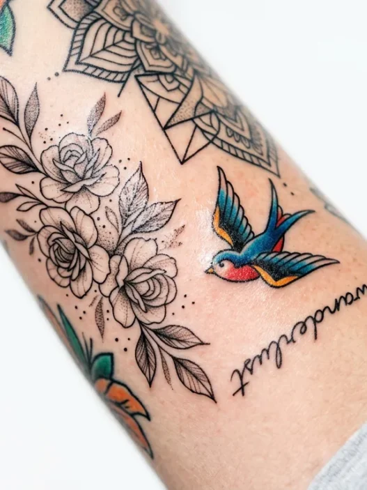 Collection of various tattoo styles including minimalist, boho, and bold designs displayed on skin