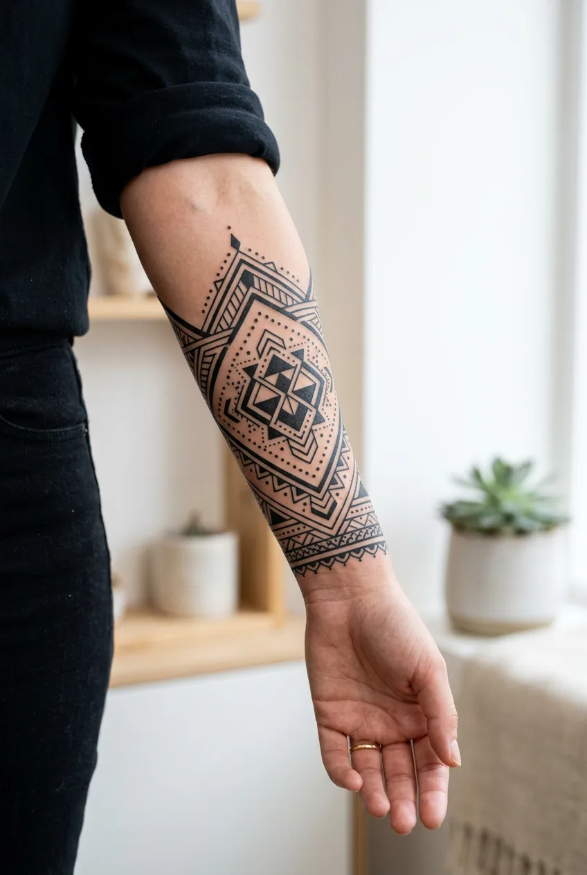 Woman's forearm showing modern geometric henna-style tattoo with bold lines and contemporary negative space design