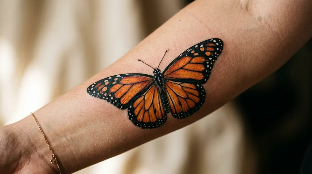 Close-up of detailed monarch butterfly tattoo on woman's forearm showing orange and black wing patterns