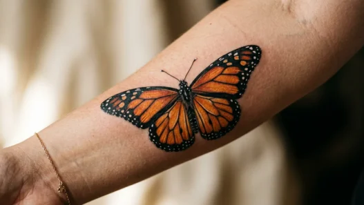 Close-up of detailed monarch butterfly tattoo on woman's forearm showing orange and black wing patterns