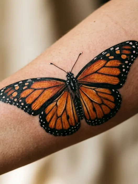 Close-up of detailed monarch butterfly tattoo on woman's forearm showing orange and black wing patterns