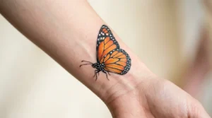 Detailed monarch butterfly tattoo on woman's wrist showing orange wings with black veining and white spots