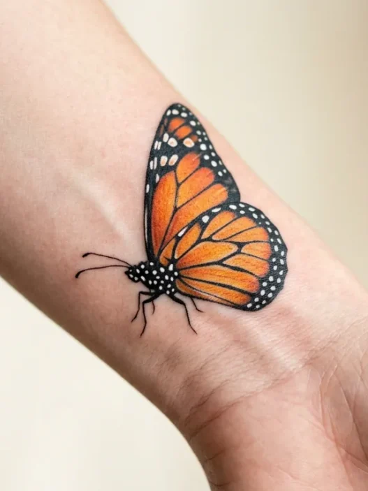 Detailed monarch butterfly tattoo on woman's wrist showing orange wings with black veining and white spots