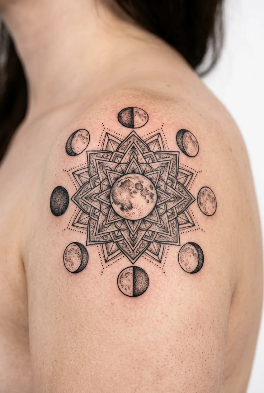 Moon phases mandala with geometric patterns radiating from full moon center on shoulder