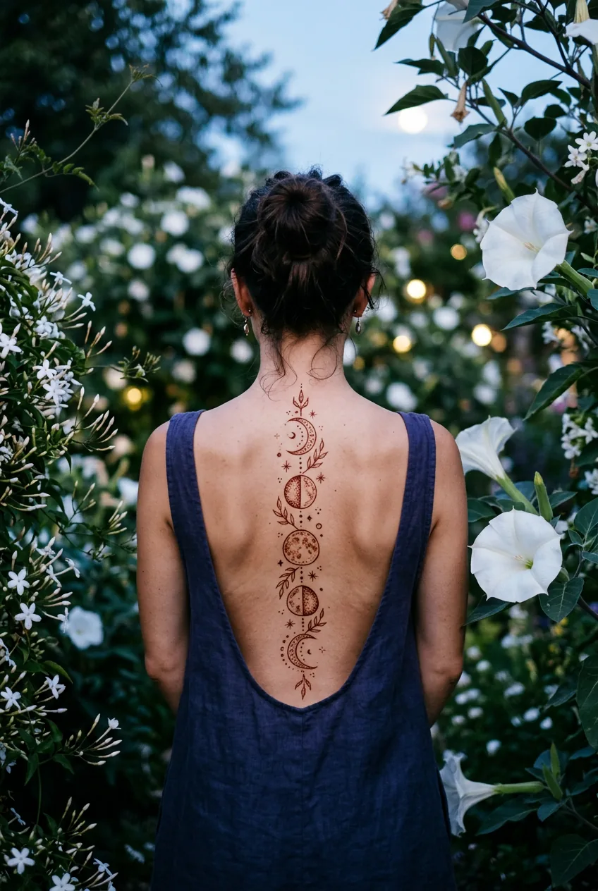 Woman's spine featuring delicate moon phase henna design with night-blooming jasmine in twilight garden setting