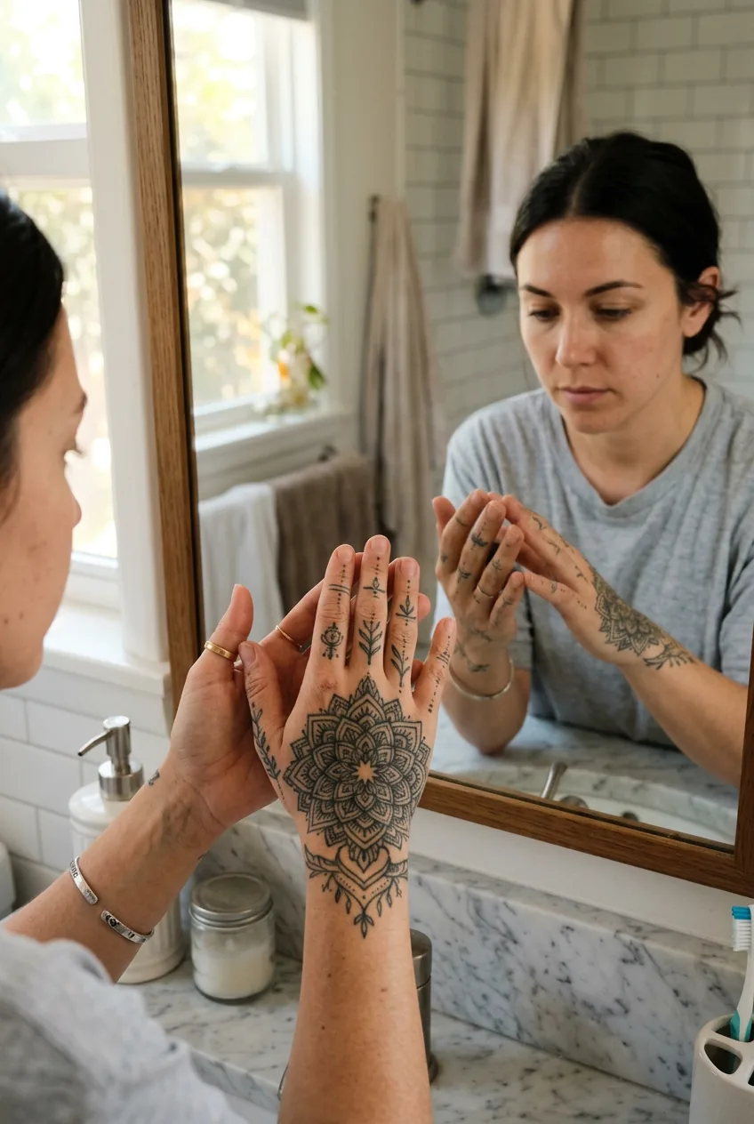 Close-up of tattooed hands being examined in bathroom mirror with morning natural light
