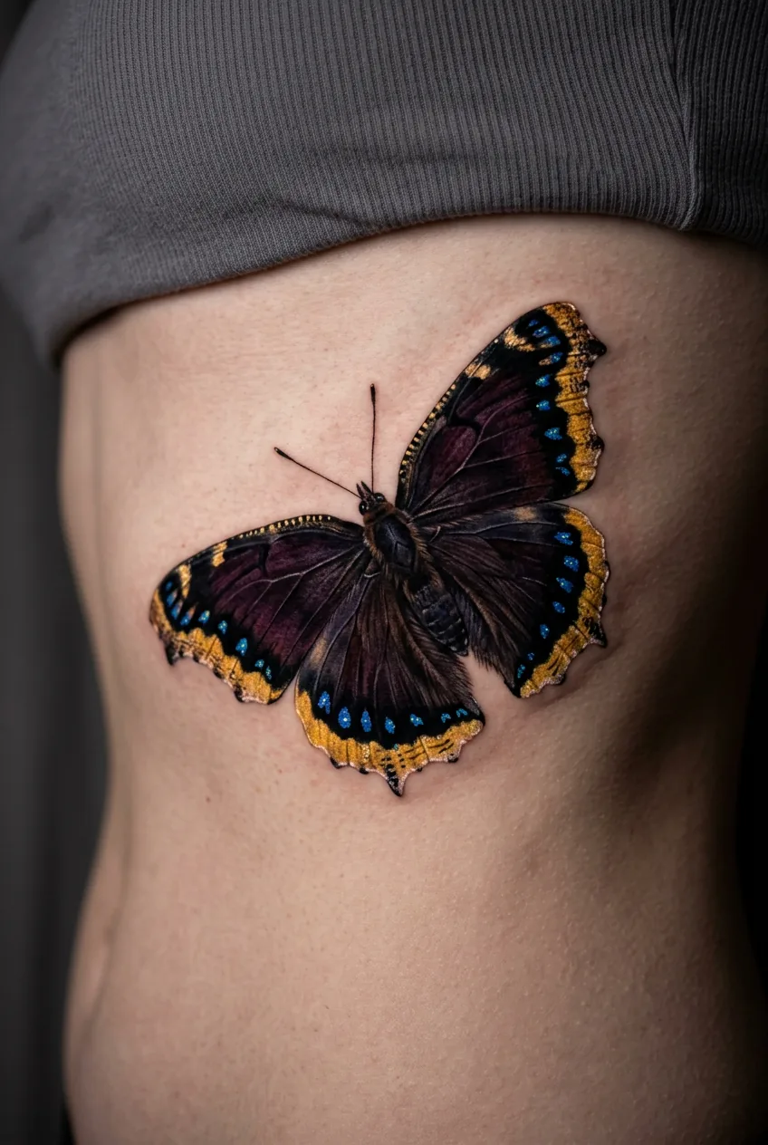 Dark mourning cloak butterfly tattoo on woman's ribcage with purple-black wings and blue spots
