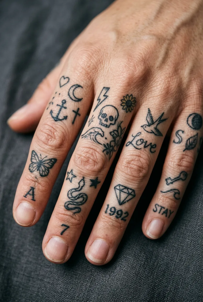 Close-up of woman's fingers showing multiple small tattoos creating visual clutter across knuckles