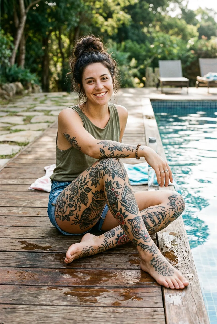 Woman sitting cross-legged on pool deck showing multiple leg tattoos including thigh and shin work