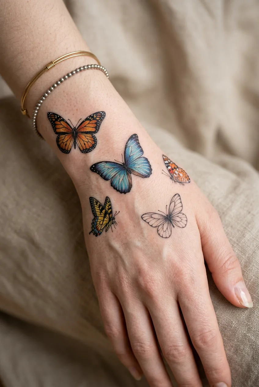 Collection of small butterfly tattoos on woman's wrist showing different species and wing patterns