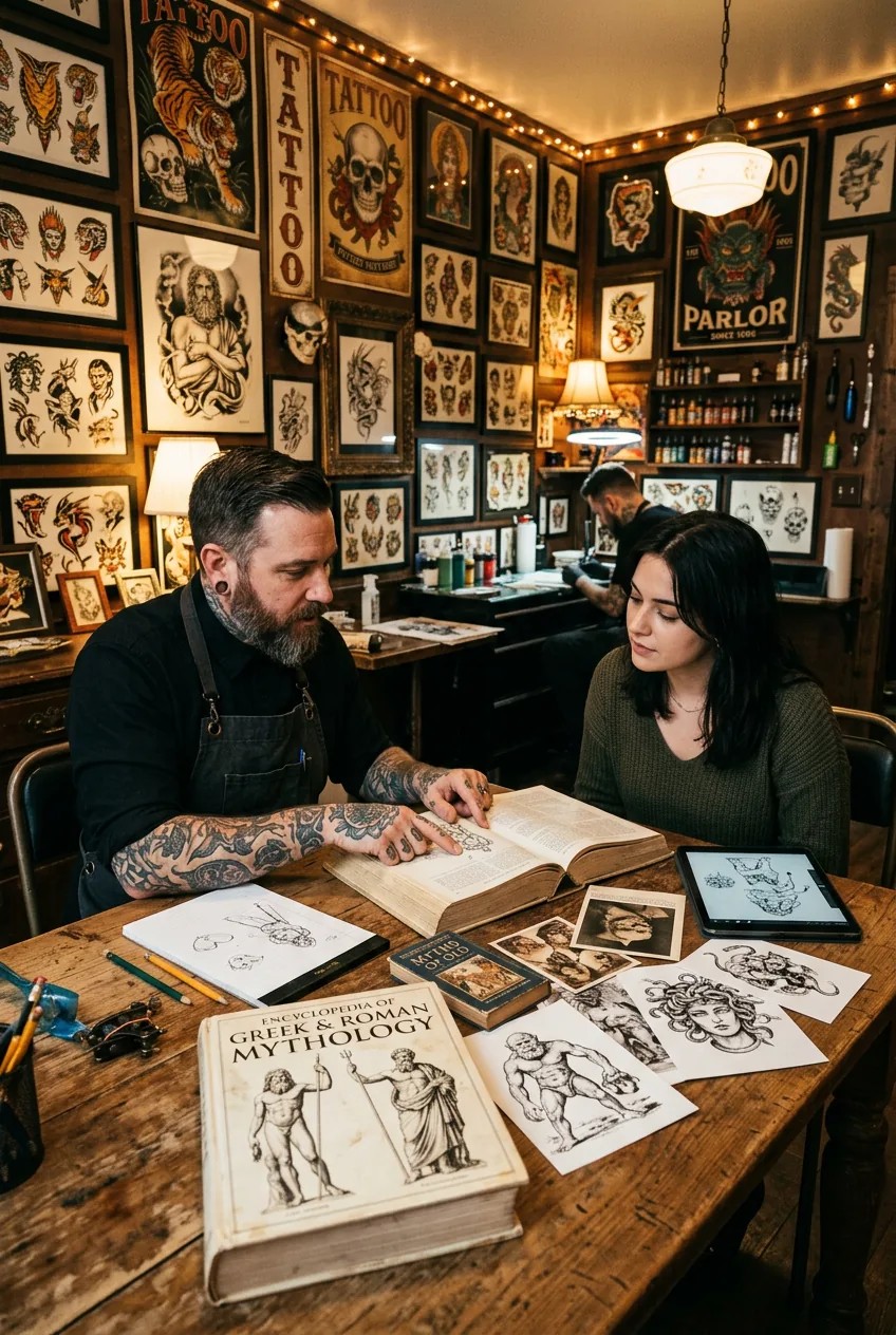 Mythology tattoo consultation setup with ancient reference books and historical images on studio table