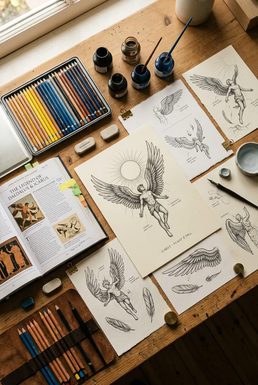 Overhead view of Icarus tattoo sketches spread on drawing table with mythology reference books