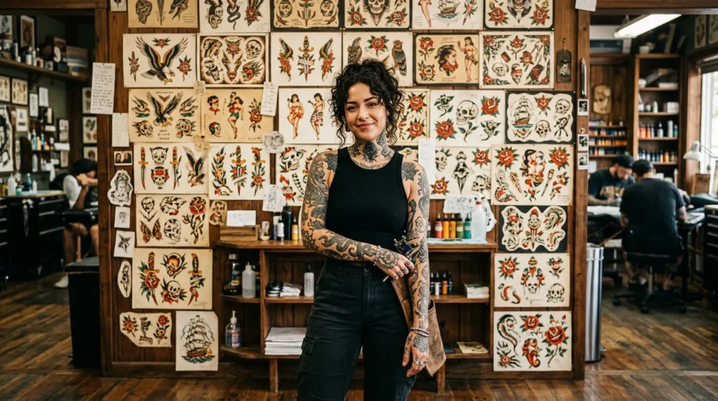 Woman with mythology tattoos standing in traditional tattoo studio with flash art wall background