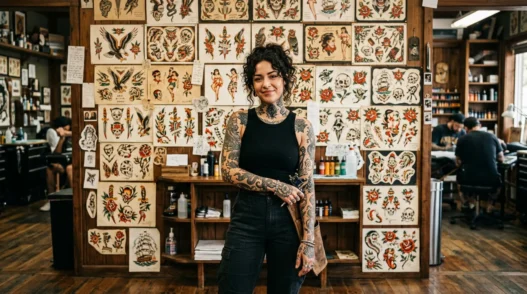 Woman with mythology tattoos standing in traditional tattoo studio with flash art wall background