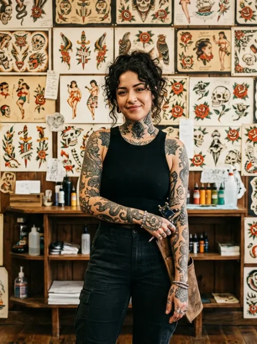 Woman with mythology tattoos standing in traditional tattoo studio with flash art wall background
