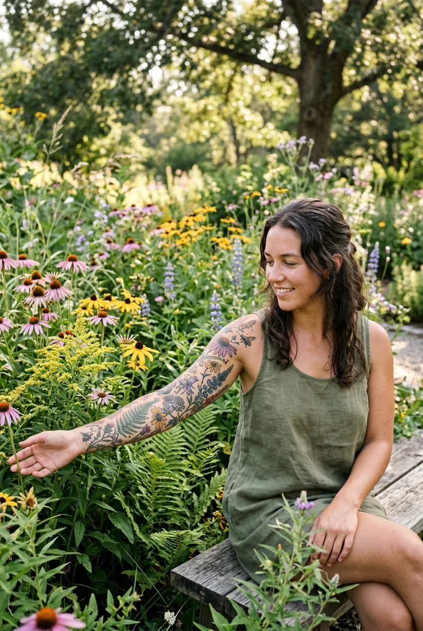 Woman showing native wildflower tattoo sleeve with diverse botanical species in natural garden setting