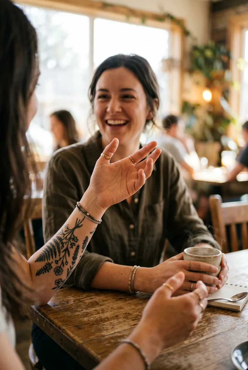 Woman's hands captured mid-gesture showing natural tattoo visibility during animated conversation