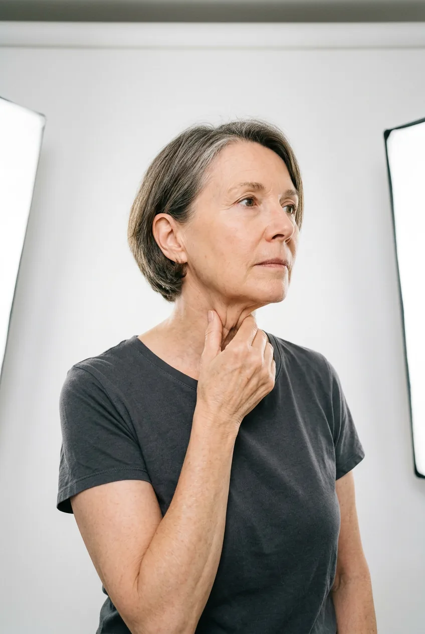 Woman demonstrating natural neck skin movement and stretching for tattoo longevity