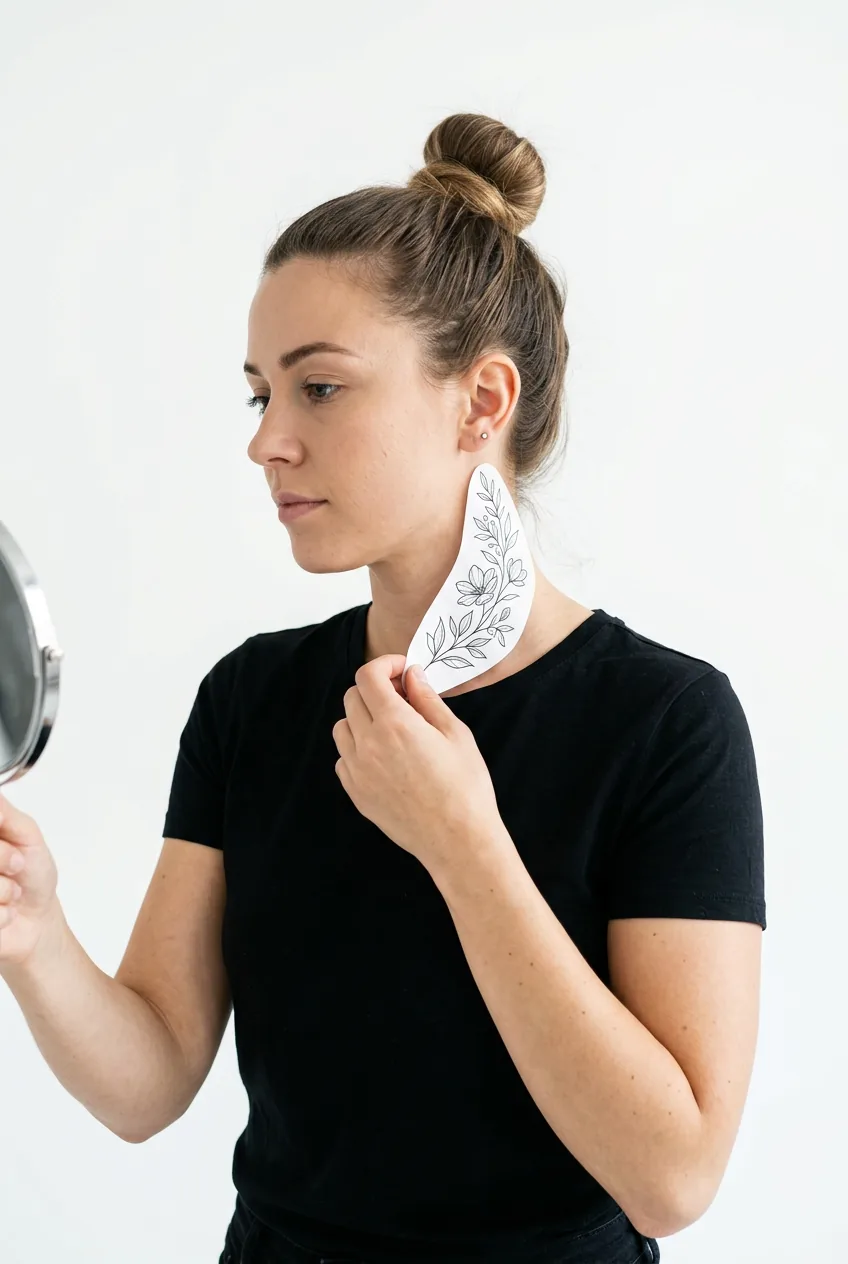 Woman holding printed tattoo design template against her neck to test proportions