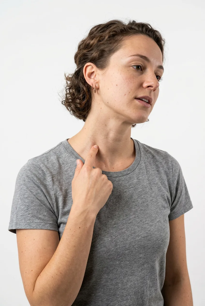 Woman demonstrating various pain level zones on the neck for tattoo placement