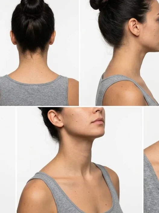 Woman showing different anatomical zones of the neck for tattoo placement in studio setting