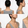 Woman showing different anatomical zones of the neck for tattoo placement in studio setting