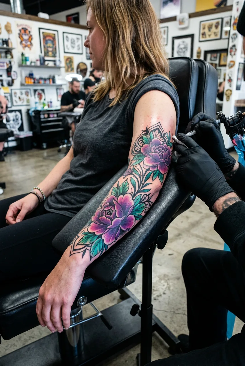 Neo-traditional style peony tattoo on woman's forearm with bold outlines and purple-green gradients